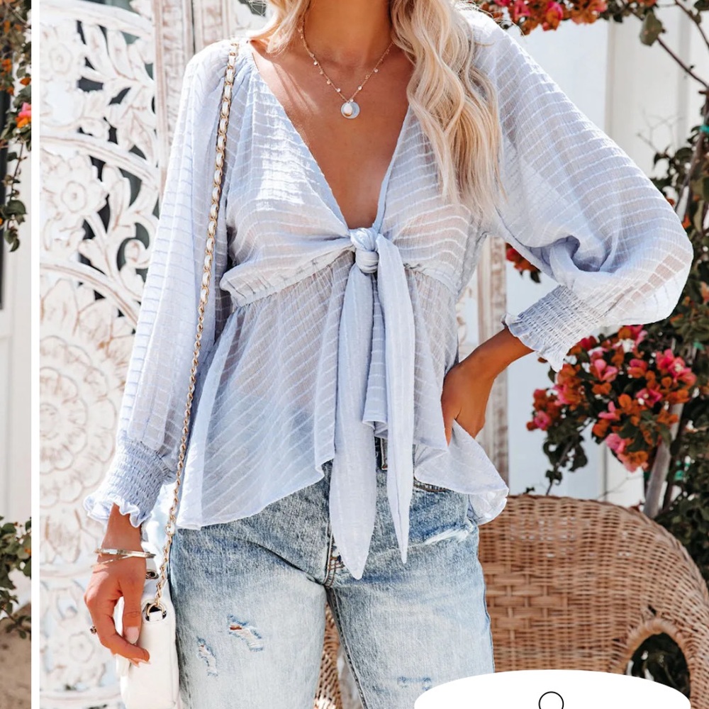 VICI ADDICTED TO LOVE TEXTURED TIE FRONT PEPLUM TOP - SKY BLUE